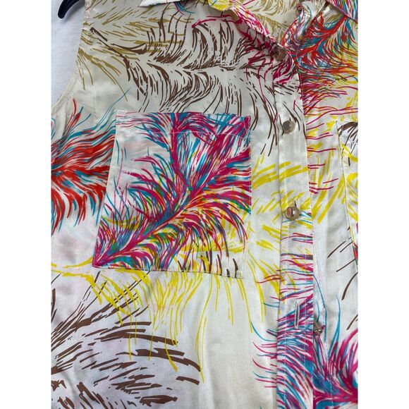 CAbi 100% Silk Sleeveless Blouse XS Feather Print Button Front High Low Hem - Picture 3 of 11